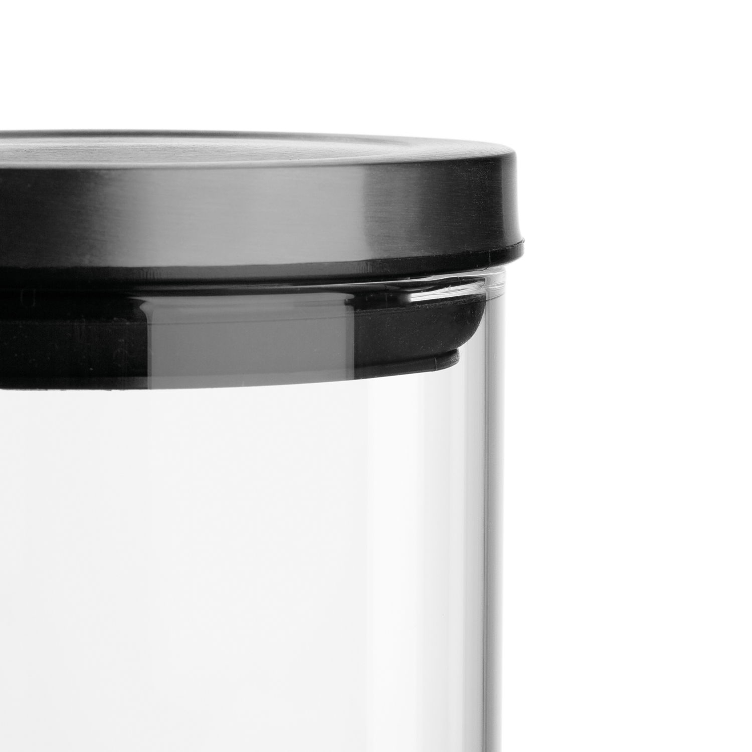 Nahaufnahme einer Glasdose Comodo 500ml mit schwarzem Deckel, seitliche Perspektive