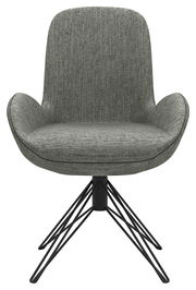 Moderner Armlehnstuhl mit grauem Stoffbezug und schwarzem Metallgestell, Frontalansicht