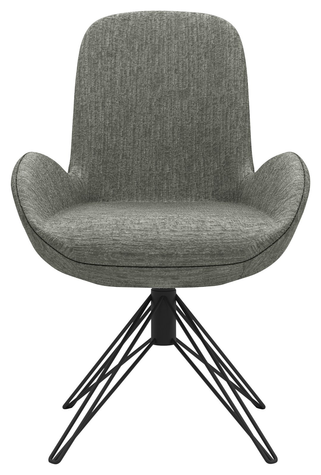 Moderner Armlehnstuhl mit grauem Stoffbezug und schwarzem Metallgestell, Frontalansicht