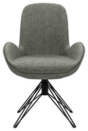 Moderner Armlehnstuhl mit grauem Stoffbezug und schwarzem Metallgestell, Frontalansicht