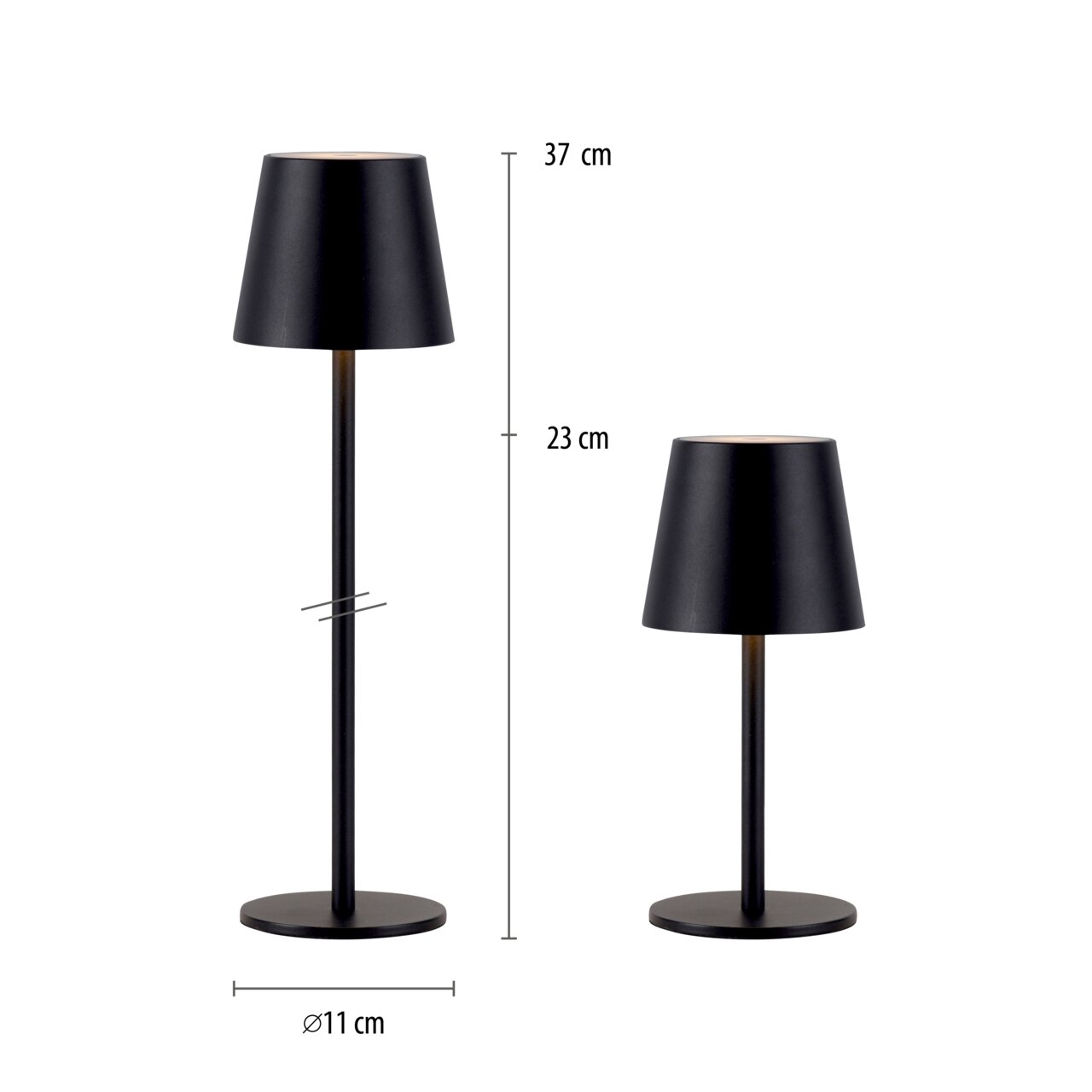 Zwei schwarze Akku-Tischleuchten BOTERIA in unterschiedlicher Höhe, eine mit 37 cm und die andere mit 23 cm, auf weißem Hintergrund. Beide Leuchten haben einen runden Sockel mit einem Durchmesser von 11 cm. Seitenansicht.