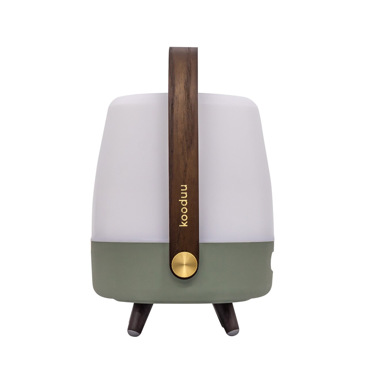 Frontansicht einer tragbaren Lampe mit Holzgriff, weißem oberen Teil und grünem unteren Teil, auf drei Beinen stehend.