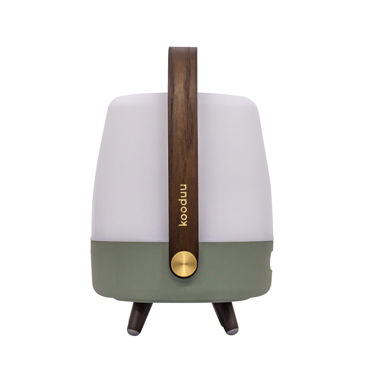 Frontansicht einer tragbaren Lampe mit Holzgriff, weißem oberen Teil und grünem unteren Teil, auf drei Beinen stehend.