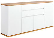 Weißes Sideboard mit Holzoberfläche, seitliche Perspektive