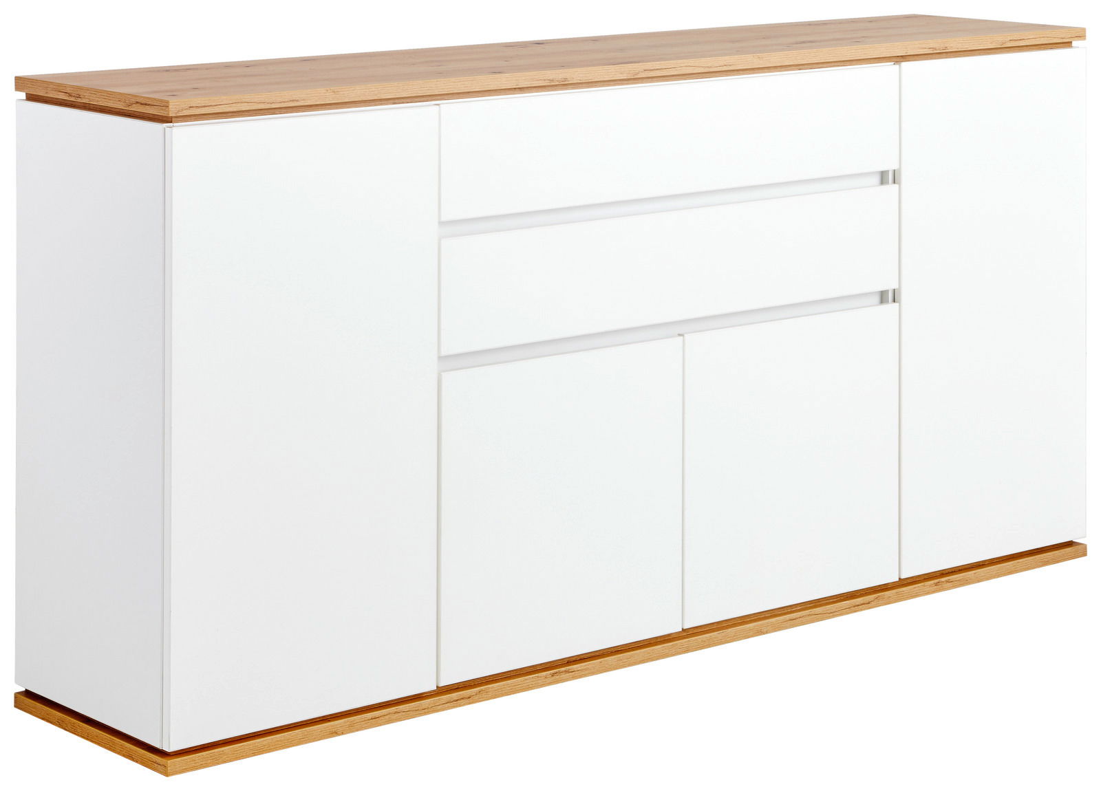 Weißes Sideboard mit Holzoberfläche, seitliche Perspektive