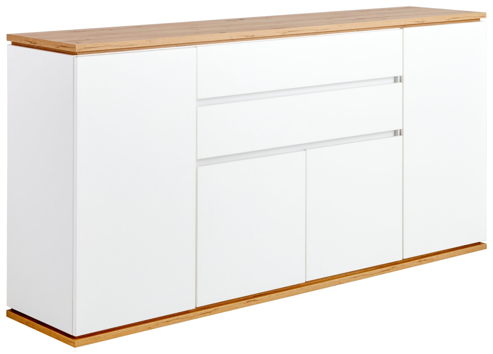 Weißes Sideboard mit Holzoberfläche, seitliche Perspektive