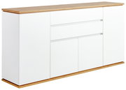 Weißes Sideboard mit Holzoberfläche, seitliche Perspektive