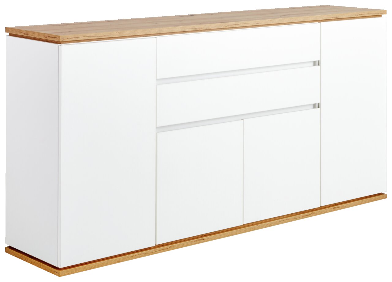 Weißes Sideboard mit Holzoberfläche, seitliche Perspektive