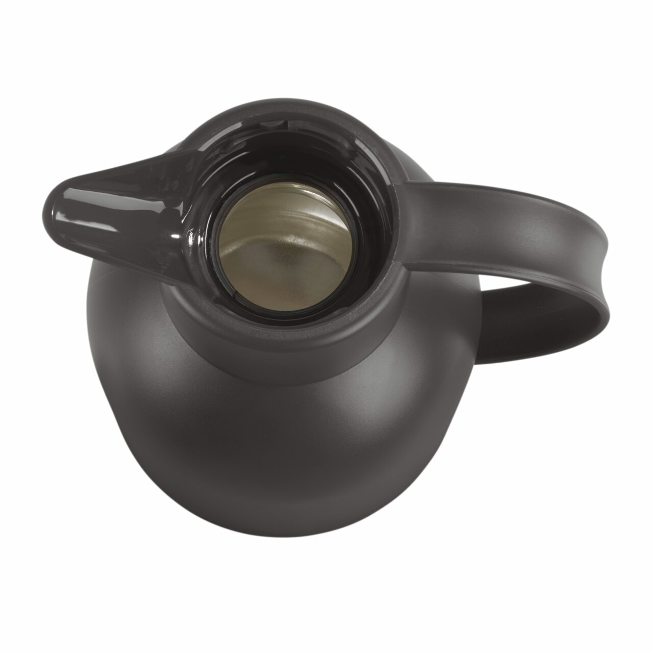 Schwarze Isolierkanne Samba 1,5l aus der Vogelperspektive mit geöffnetem Deckel.