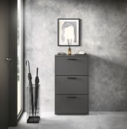 Moderner Schuhkipper mit drei Klappen in dunklem Grau, frontal fotografiert, neben einem Regenschirmständer und unter einem gerahmten Bild an einer Betonwand.