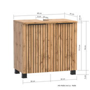 Waschbeckenunterschrank aus Holz mit vertikalen Streifen, Frontansicht, Maße angegeben