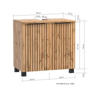 Waschbeckenunterschrank aus Holz mit vertikalen Streifen, Frontansicht, Maße angegeben