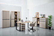 Moderne Büromöbel in einem hellen Raum, bestehend aus einem Schreibtisch mit Rollcontainer, mehreren Aktenschränken und einem Kombischrank. Perspektive von vorne.