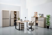 Modern kantoormeubilair in een lichte ruimte, bestaande uit een bureau met een rolcontainer, meerdere archiefkasten en een combikast. Aanzicht van voren.