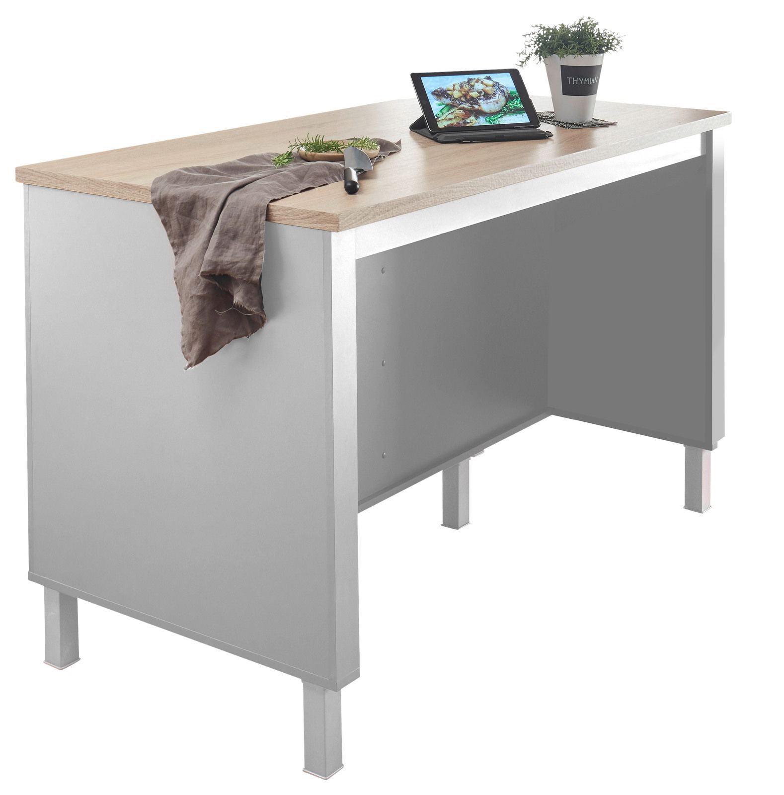 Smartkitchen Kücheninsel BILBERRY Kücheninsel mit Holzarbeitsplatte, seitliche Perspektive, mit Tablet, Kräutertopf und Messer auf der Oberfläche.