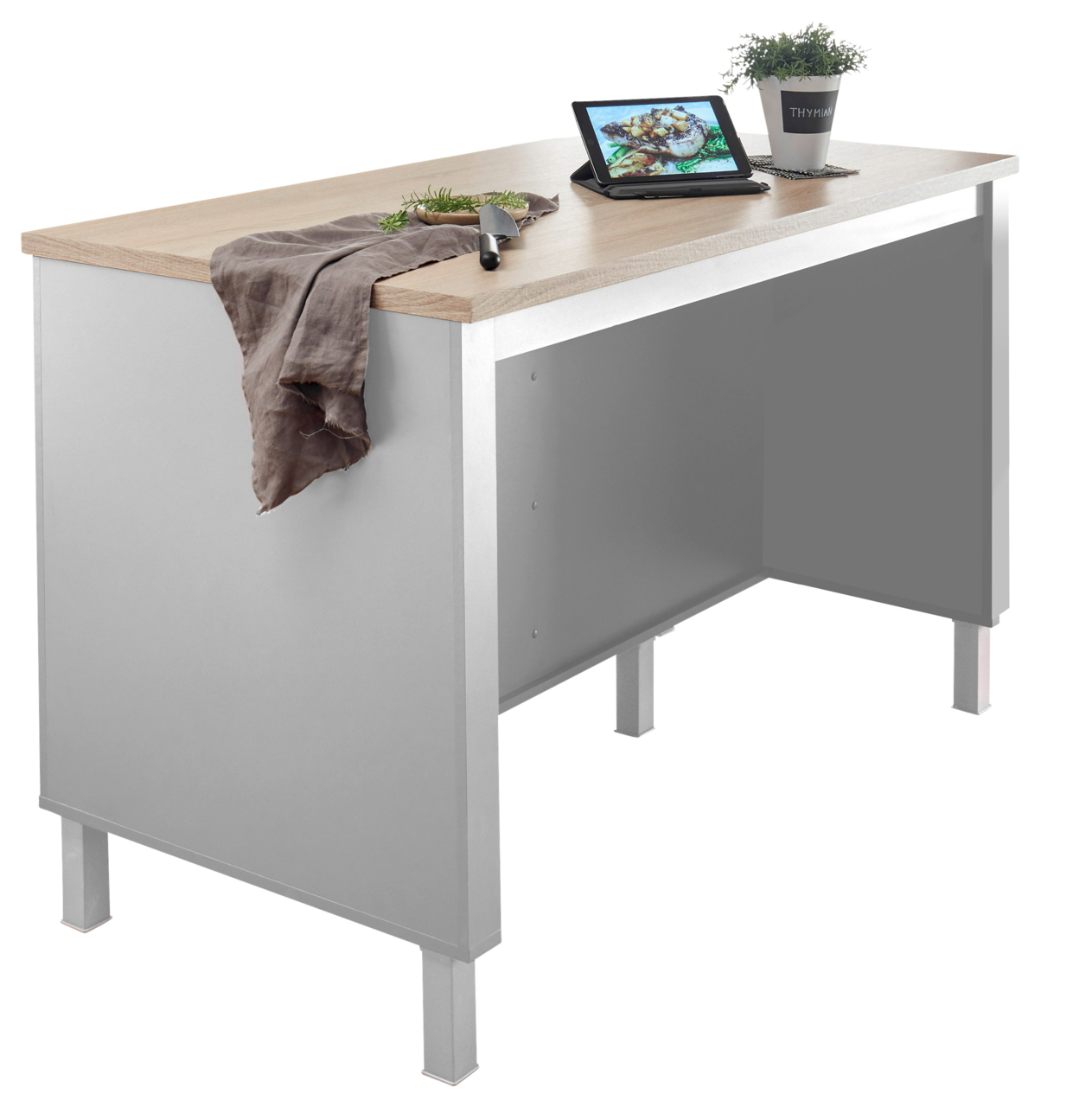 Smartkitchen Kücheninsel BILBERRY Kücheninsel mit Holzarbeitsplatte, seitliche Perspektive, mit Tablet, Kräutertopf und Messer auf der Oberfläche.