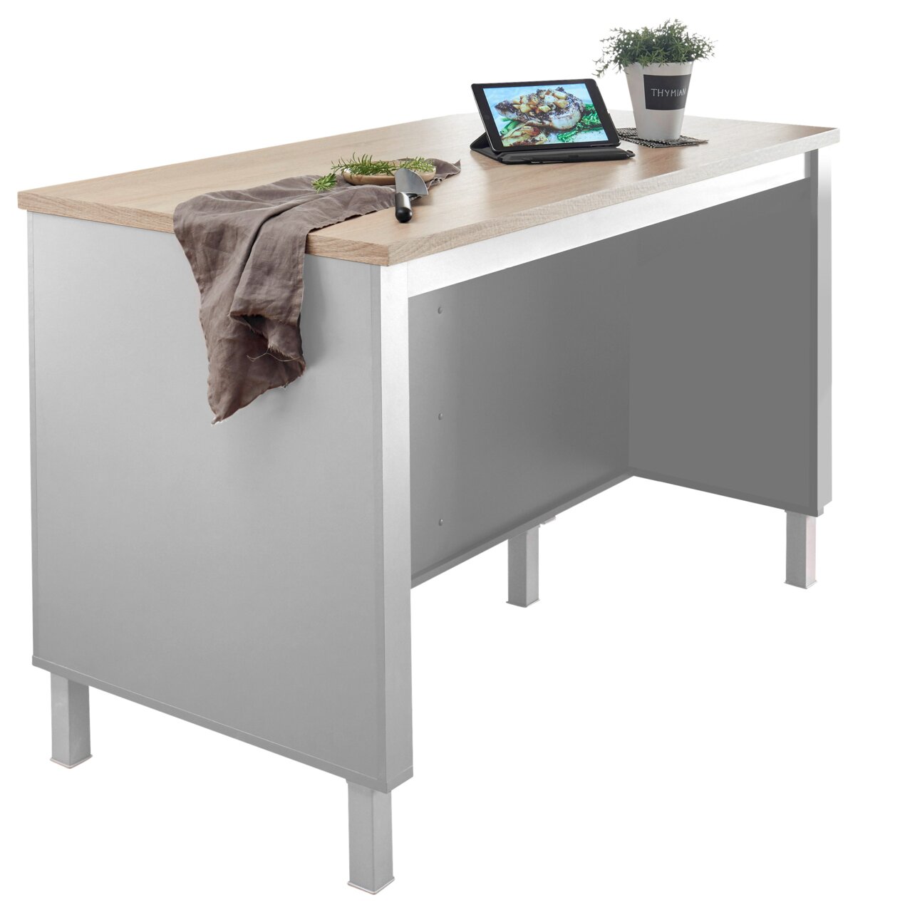 Smartkitchen Kücheninsel BILBERRY Kücheninsel mit Holzarbeitsplatte, seitliche Perspektive, mit Tablet, Kräutertopf und Messer auf der Oberfläche.