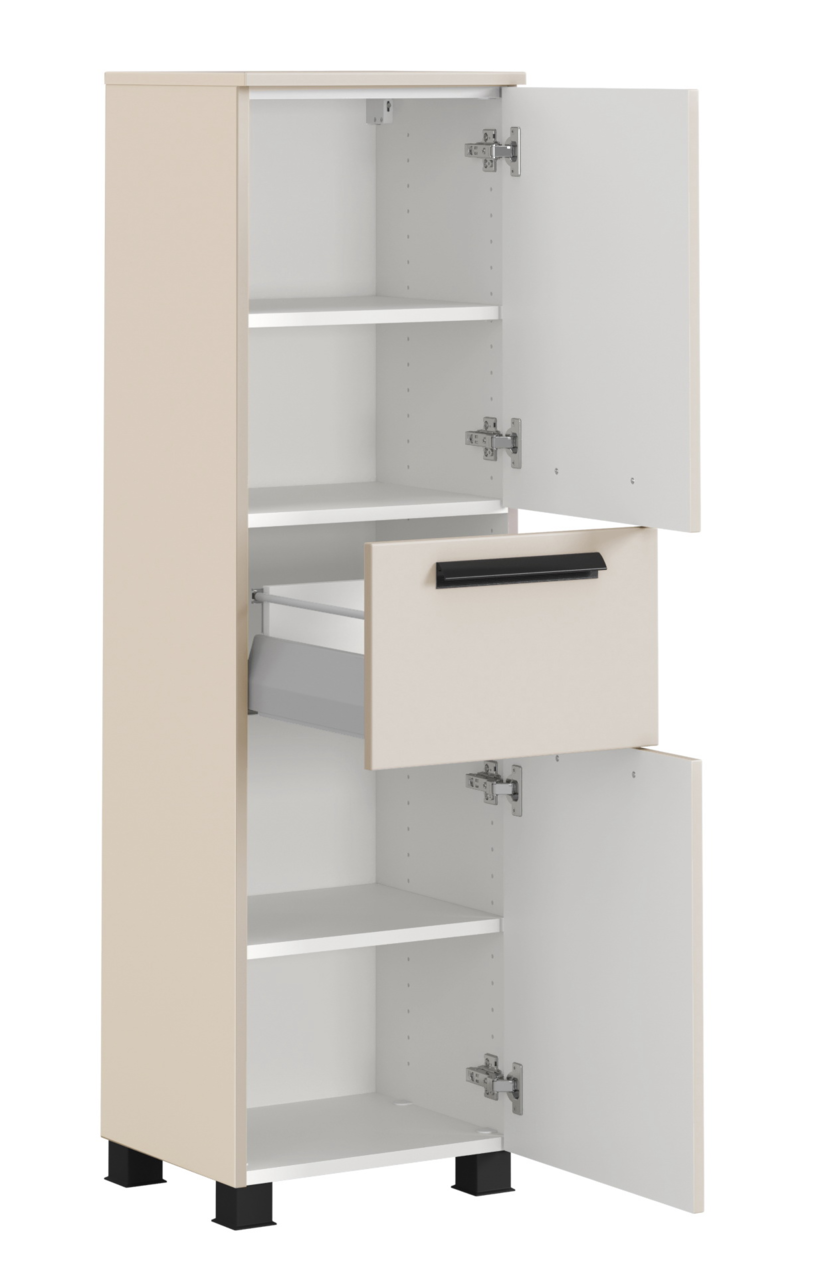 Beiger Midischrank mit offenen Türen und Schublade, seitliche Perspektive