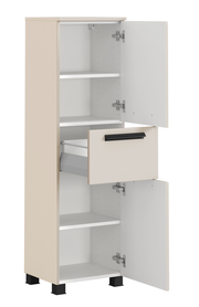 Beiger Midischrank mit offenen Türen und Schublade, seitliche Perspektive
