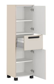 Beiger Midischrank mit offenen Türen und Schublade, seitliche Perspektive