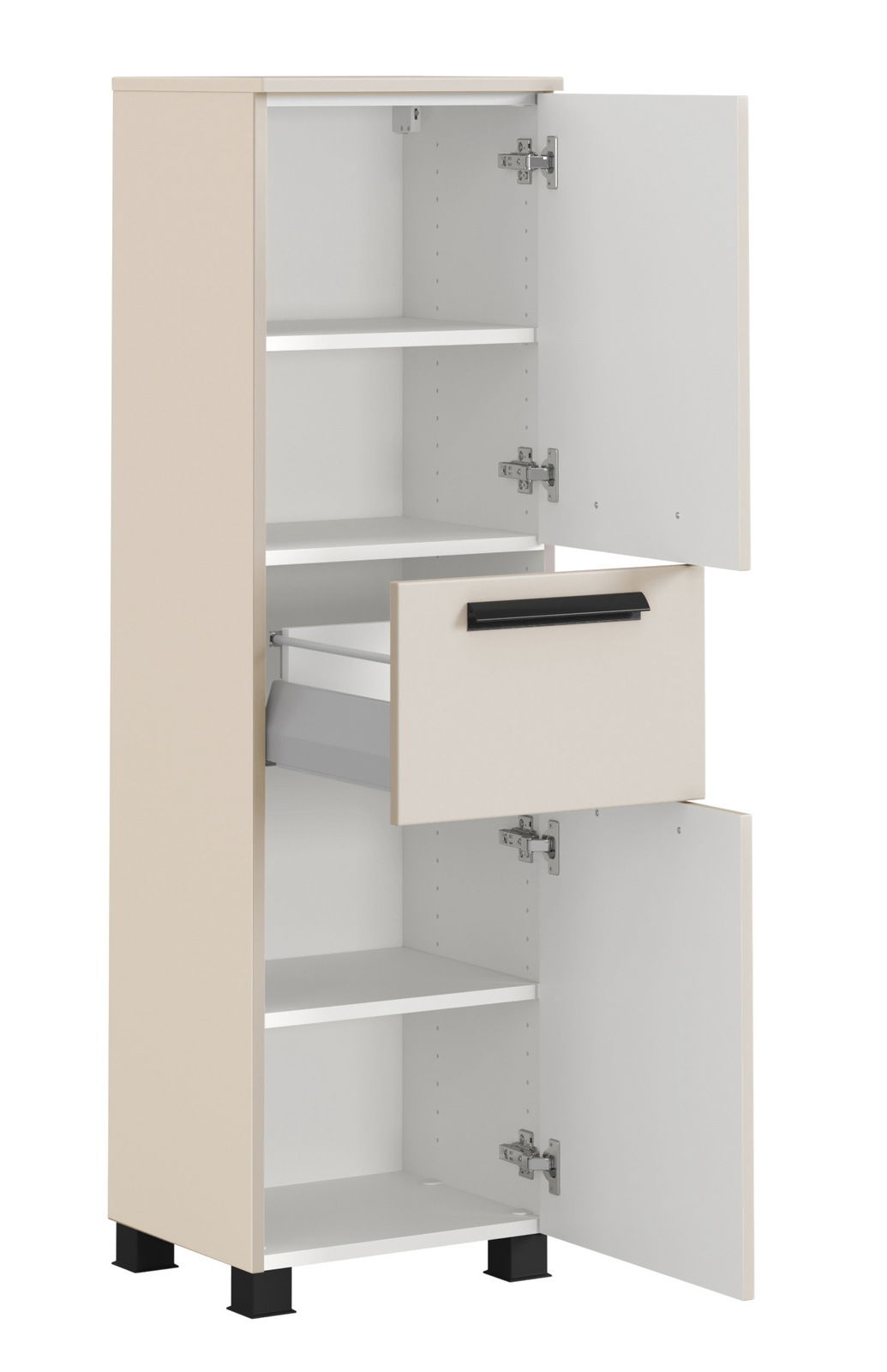 Beiger Midischrank mit offenen Türen und Schublade, seitliche Perspektive