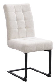 Moderner Schwingstuhl mit cremefarbenem, gepolstertem Sitz und schwarzem Metallgestell, seitliche Perspektive