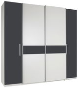 Moderner Dreh- und Schwebetürenschrank mit vier Türen in Schwarz und Weiß, Frontalansicht.