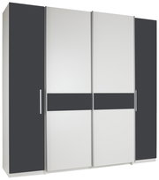 Moderner Dreh- und Schwebetürenschrank mit vier Türen in Schwarz und Weiß, Frontalansicht.