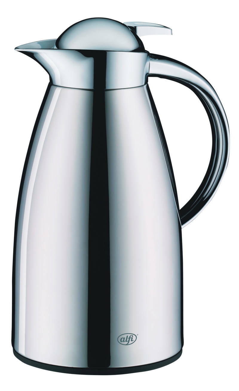 Edelstahl-Isolierkanne mit polierter Oberfläche, seitliche Ansicht