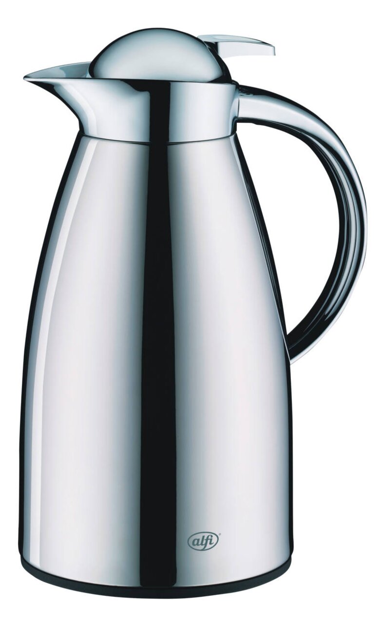 Edelstahl-Isolierkanne mit polierter Oberfläche, seitliche Ansicht