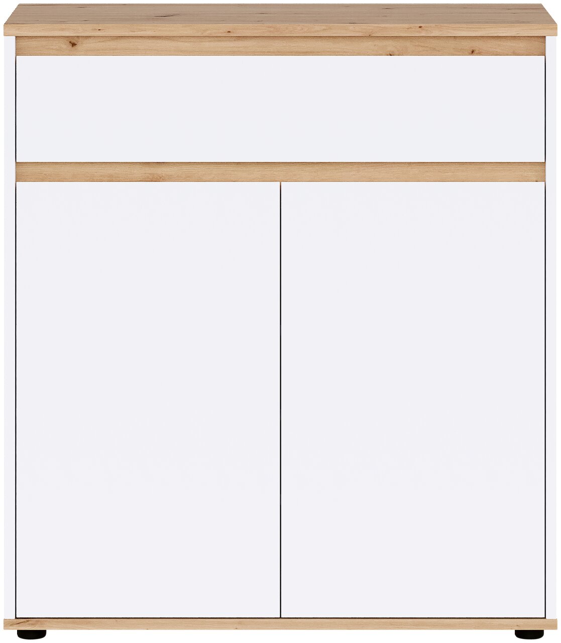 Weißes Sideboard/Kommode mit Holzplatte und Holzsockel, zwei Türen und oberem offenen Fach, frontale Ansicht.