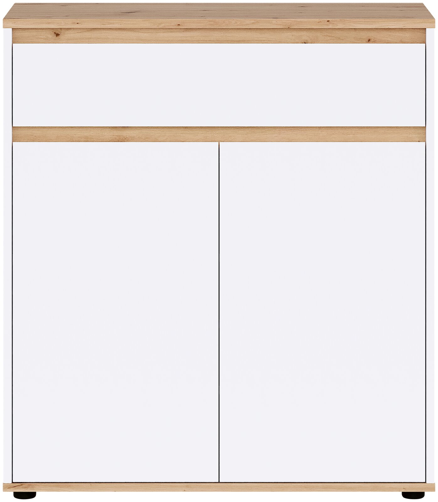 Weißes Sideboard/Kommode mit Holzplatte und Holzsockel, zwei Türen und oberem offenen Fach, frontale Ansicht.