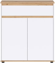 Weißes Sideboard/Kommode mit Holzplatte und Holzsockel, zwei Türen und oberem offenen Fach, frontale Ansicht.