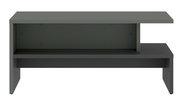 Moderner Couchtisch in dunklen Grautönen, frontal betrachtet, mit zwei Ebenen für zusätzlichen Stauraum.