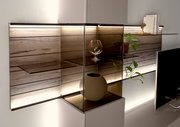 Moderne Wandkombination mit Holz- und Glaselementen, dekoriert mit Pflanzen und Accessoires, seitliche Perspektive.