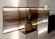 Moderne Wandkombination mit Holz- und Glaselementen, dekoriert mit Pflanzen und Accessoires, seitliche Perspektive.