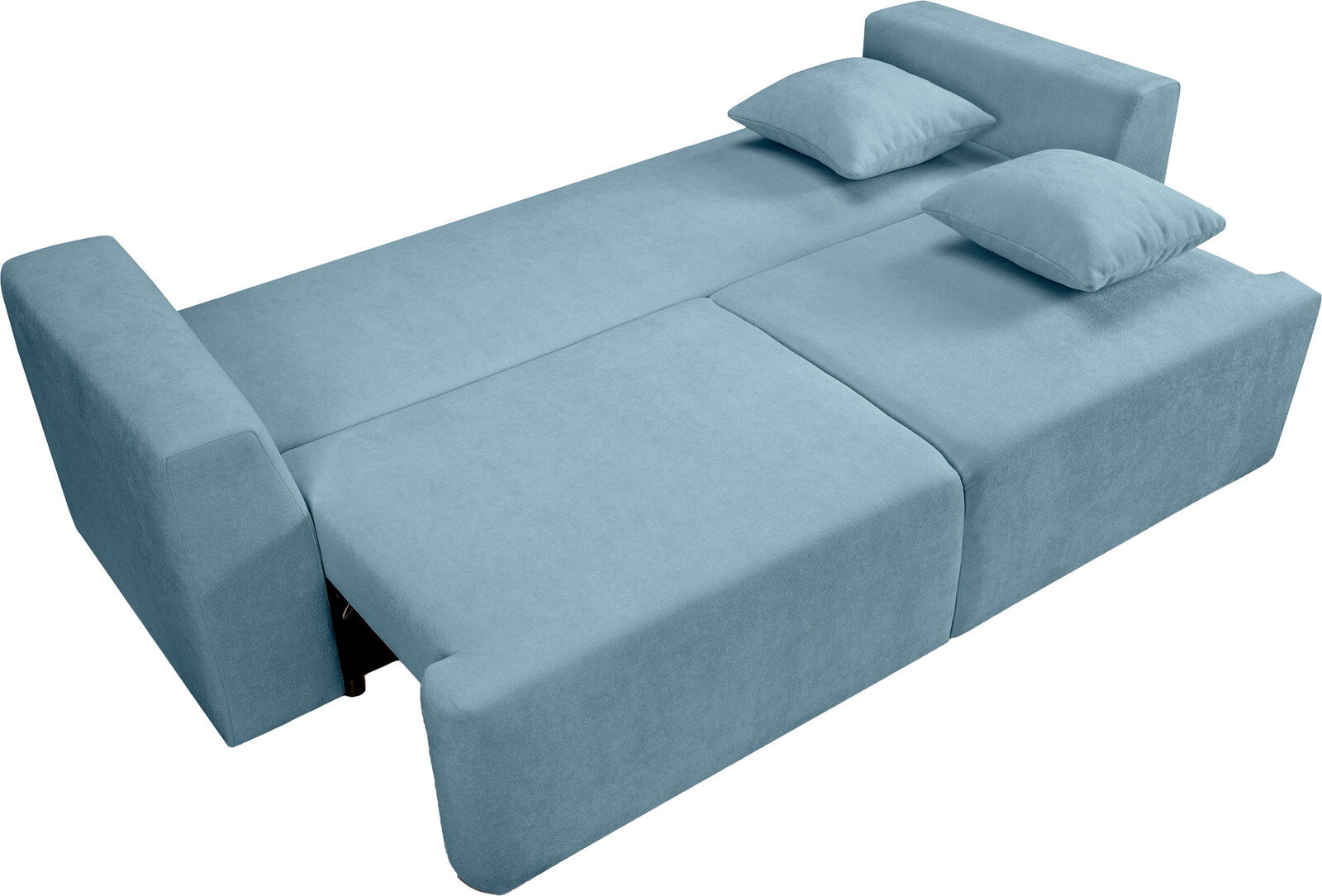 Ausziehbares Schlafsofa in Hellblau mit zwei Kissen, als Liegefläche ausgeklappt, in schräger Draufsicht (3/4-Perspektive) freigestellt auf weißem Hintergrund