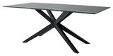 Moderner Esstisch mit schwarzer Tischplatte und X-förmigem Gestell, seitliche Perspektive