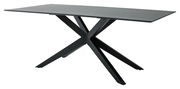 Moderner Esstisch mit schwarzer Tischplatte und X-förmigem Gestell, seitliche Perspektive