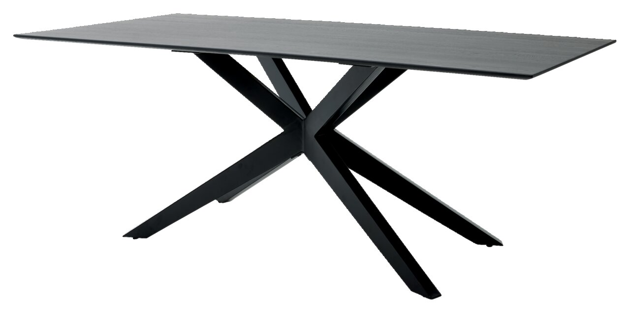 Moderner Esstisch mit schwarzer Tischplatte und X-förmigem Gestell, seitliche Perspektive