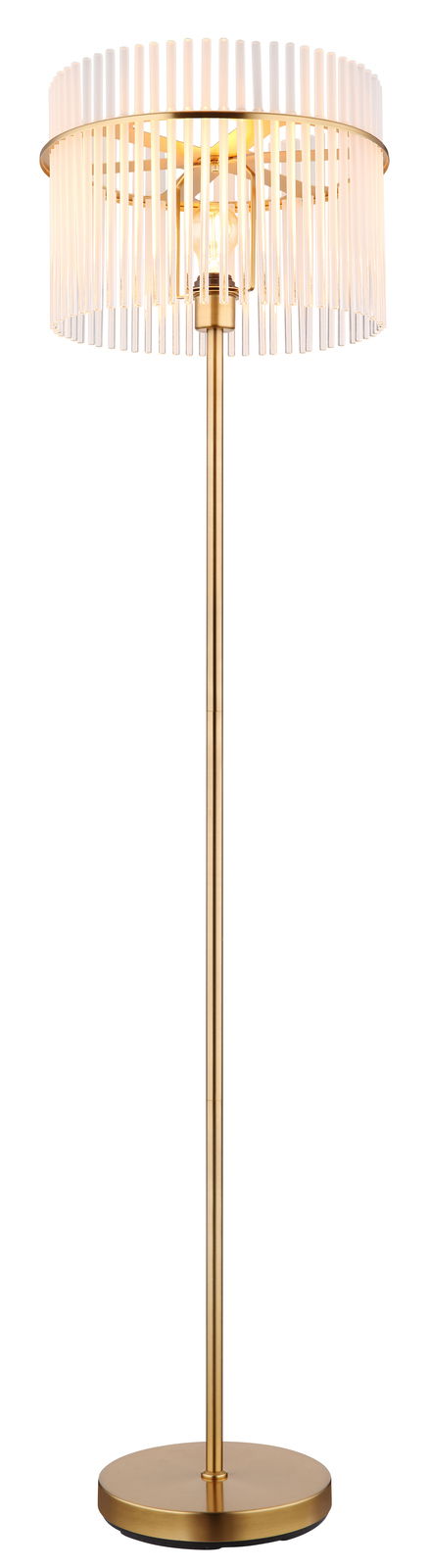 Elegante Stehleuchte GORLEY mit goldfarbenem Gestell und modernem, zylindrischem Lampenschirm aus vertikalen Streben, frontal abgebildet.