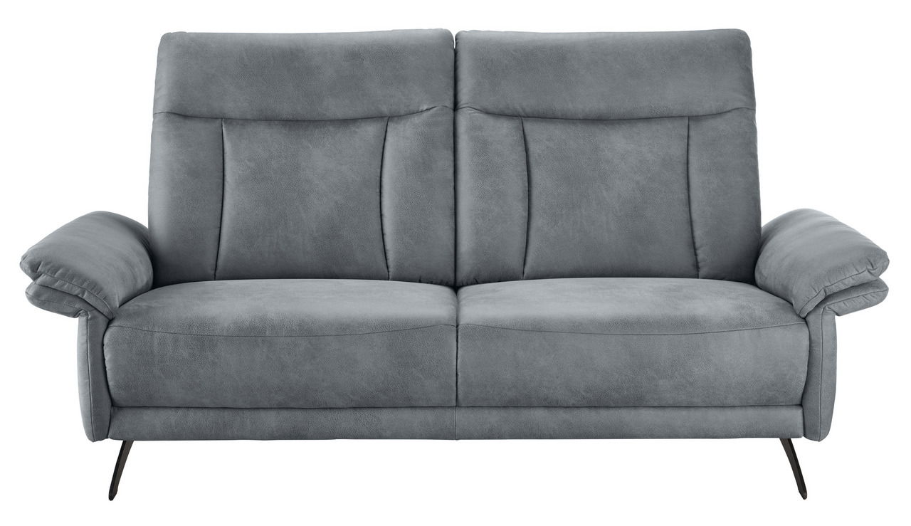 Graues 2,5-Sitzer Sofa mit gepolsterten Armlehnen und Metallfüßen, Frontalansicht.