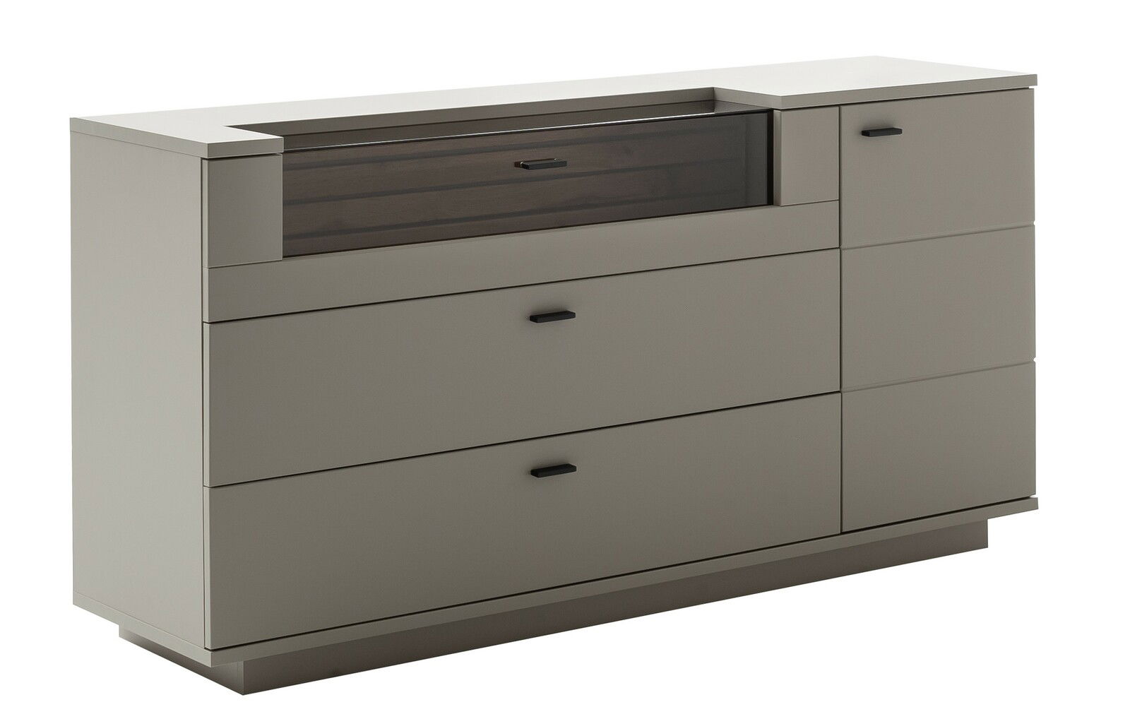 Modernes Sideboard in grauer Farbe mit mehreren Schubladen und einem Schrankfach, seitliche Perspektive