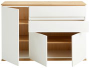 Weiße Kommode mit Holzoberfläche, zwei offenen Türen und einer geöffneten Schublade, Frontalansicht.