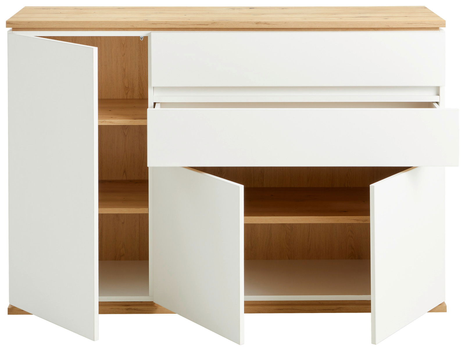 Weiße Kommode mit Holzoberfläche, zwei offenen Türen und einer geöffneten Schublade, Frontalansicht.