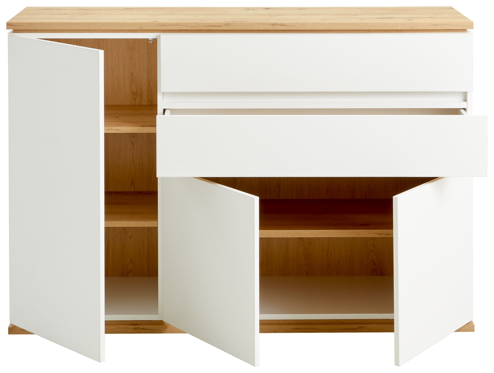 Weiße Kommode mit Holzoberfläche, zwei offenen Türen und einer geöffneten Schublade, Frontalansicht.