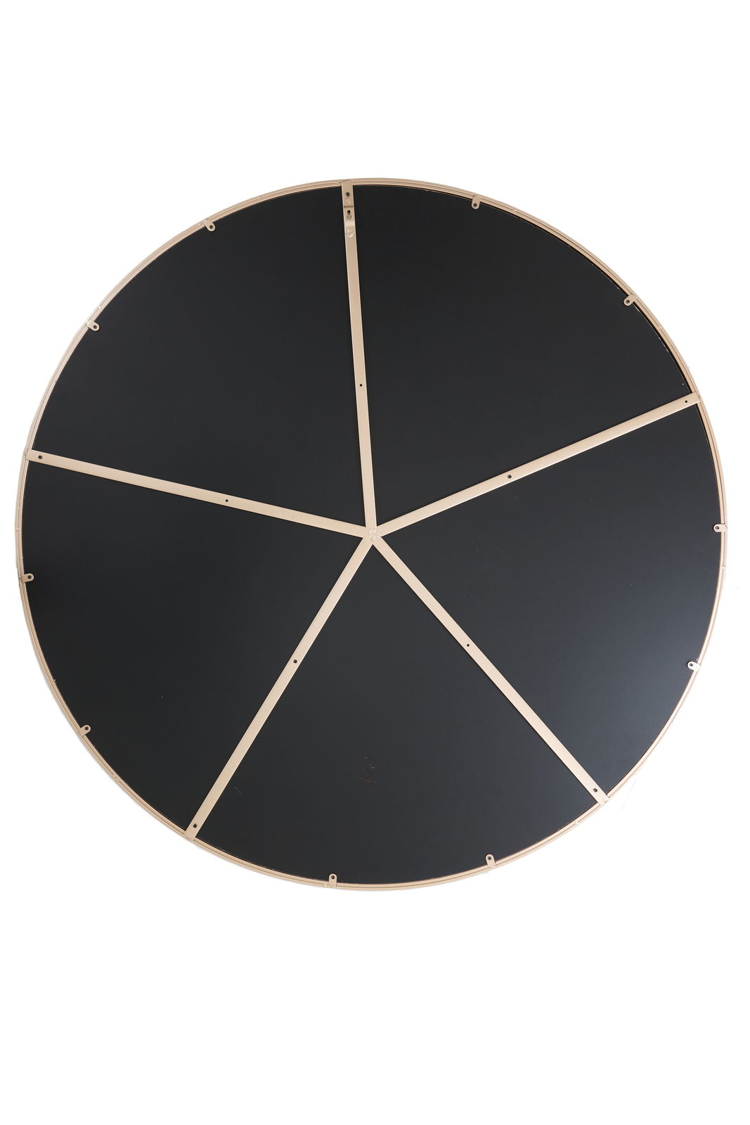 Rückansicht eines runden Spiegels mit schwarzer Rückseite und goldenen Verstrebungen.