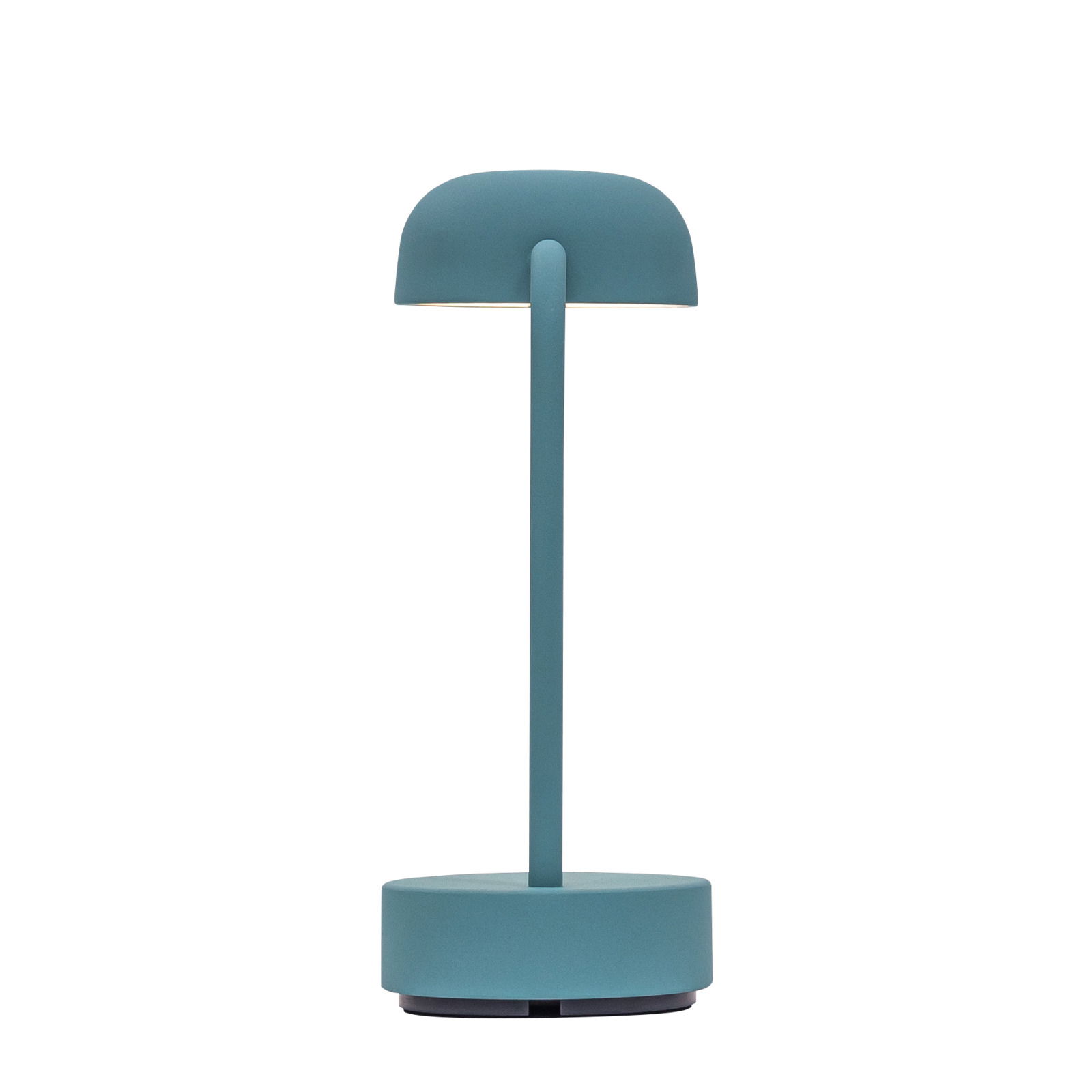 Moderne Tischlampe in rauchigem Teal, frontal abgebildet