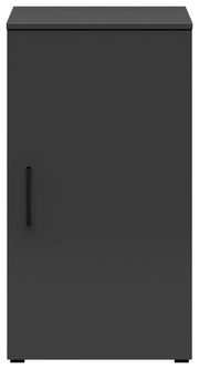 Schwarze Kommode mit einer Tür, frontal fotografiert