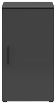 Schwarze Kommode mit einer Tür, frontal fotografiert